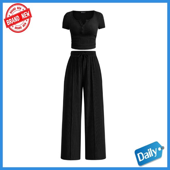 Ribbed Knit Button Top Wide Leg Pants Lounge Set Size M